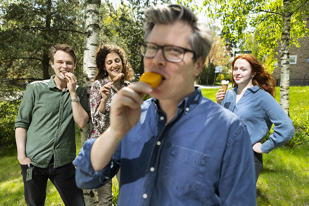 Paul Hudson, professor på KTH, leder ett projekt inom mikrobiell produktion av matolja. Med i bilden är doktor Sara Lupacchini och doktorander Axel Knave och Anna Schuppe. Foto: Johan Marklund