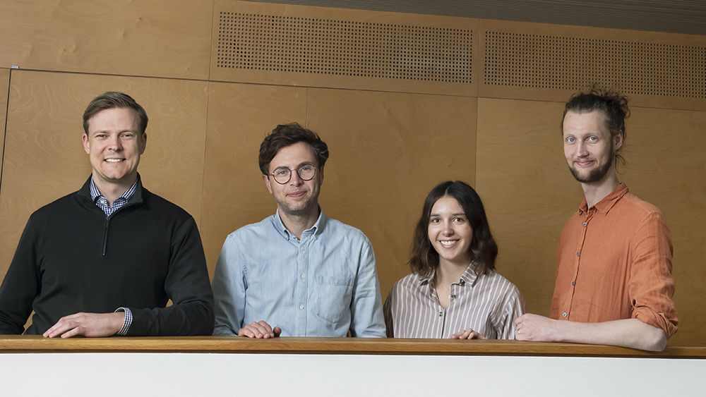 Johan Kolvik, PhD student, Raphaël Van Laer, Associate Professor, Ebba André, PhD student and David Hambraeus, PhD student at the Quantum Photonics Lab at Chalmers. Photo: Julia Sjöberg